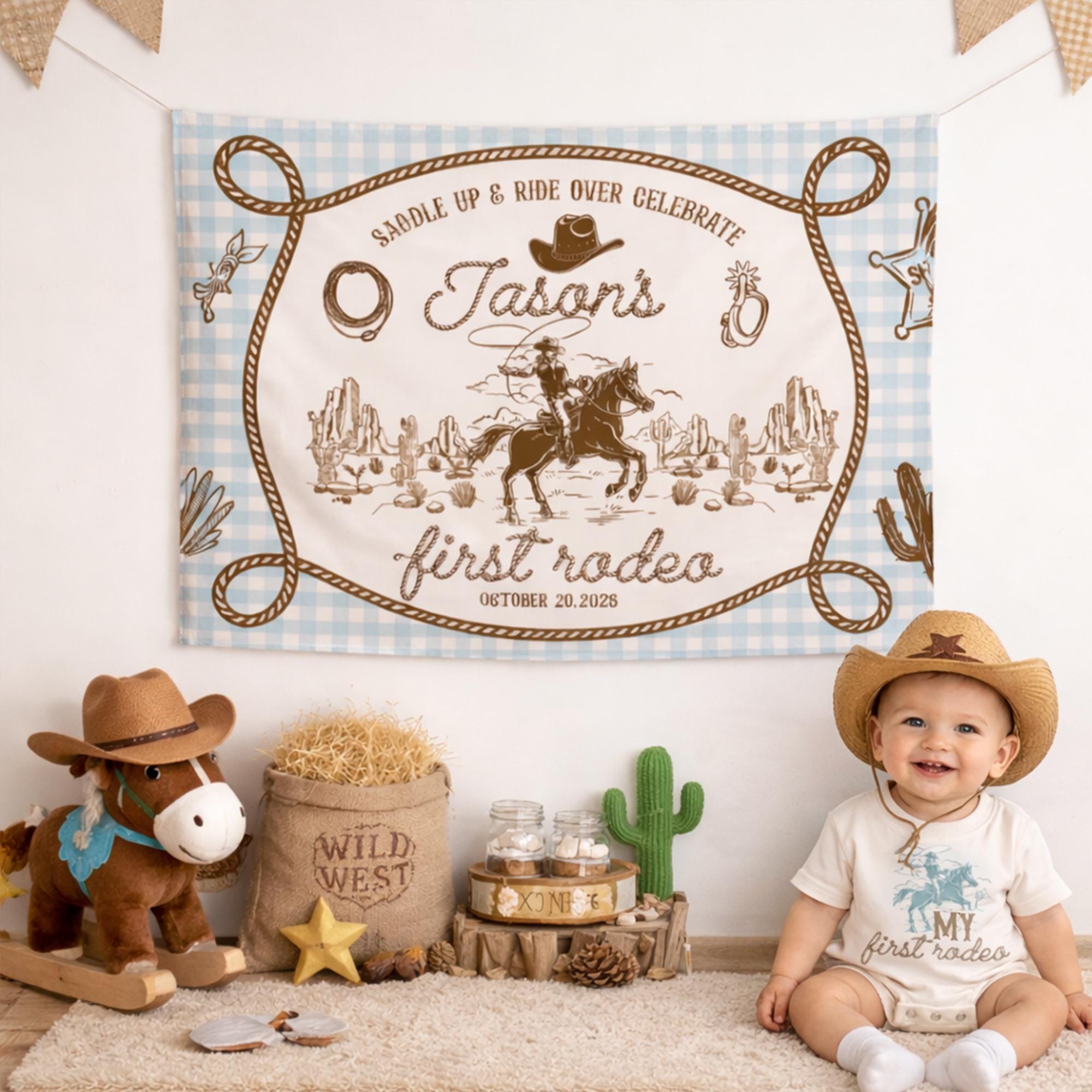 Personalized My First Rodeo Birthday Romper and Silk Banner for Baby Boy Western Party Outfit Cowboy Theme Custom Wild West Backdrop