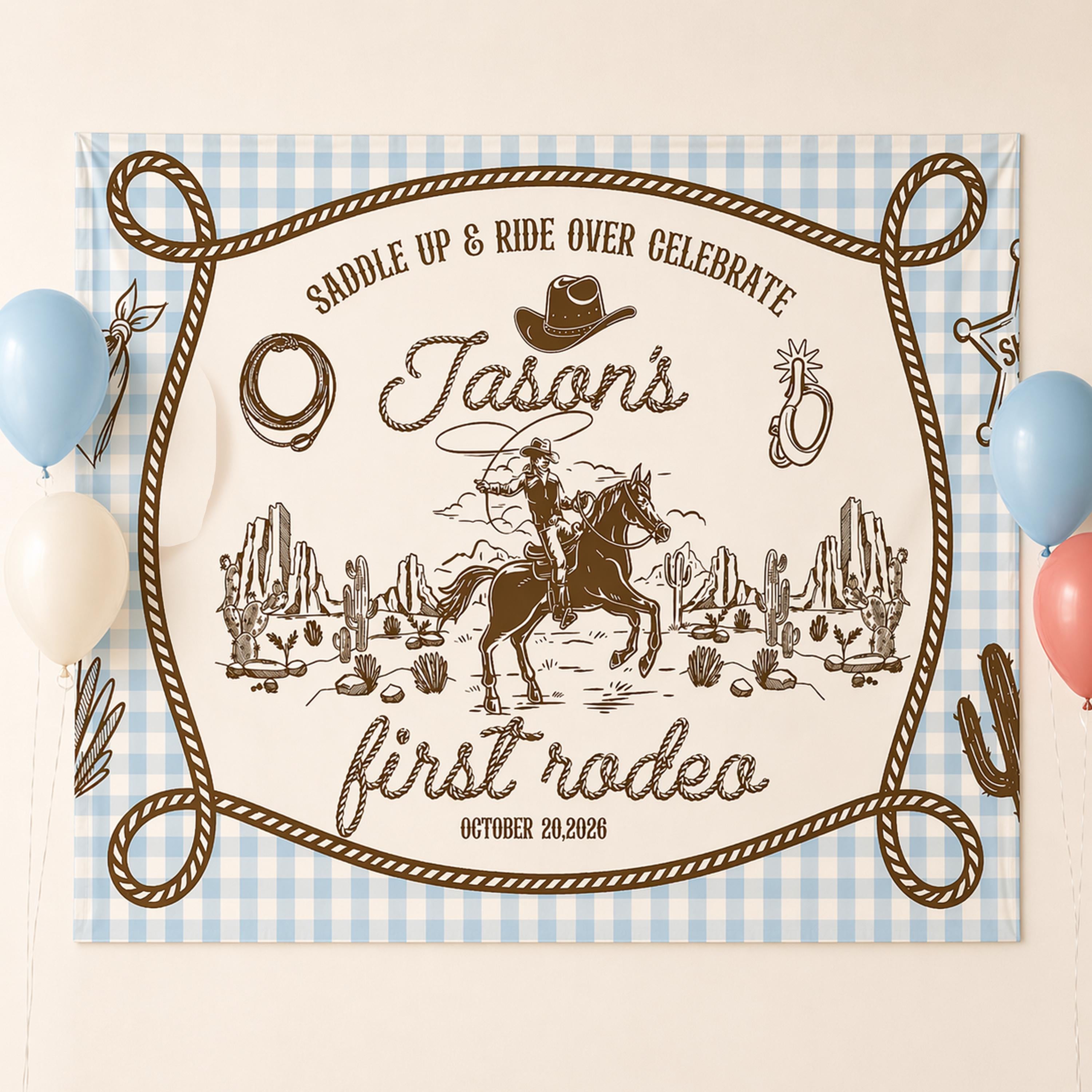Personalized My First Rodeo Birthday Romper and Silk Banner for Baby Boy Western Party Outfit Cowboy Theme Custom Wild West Backdrop
