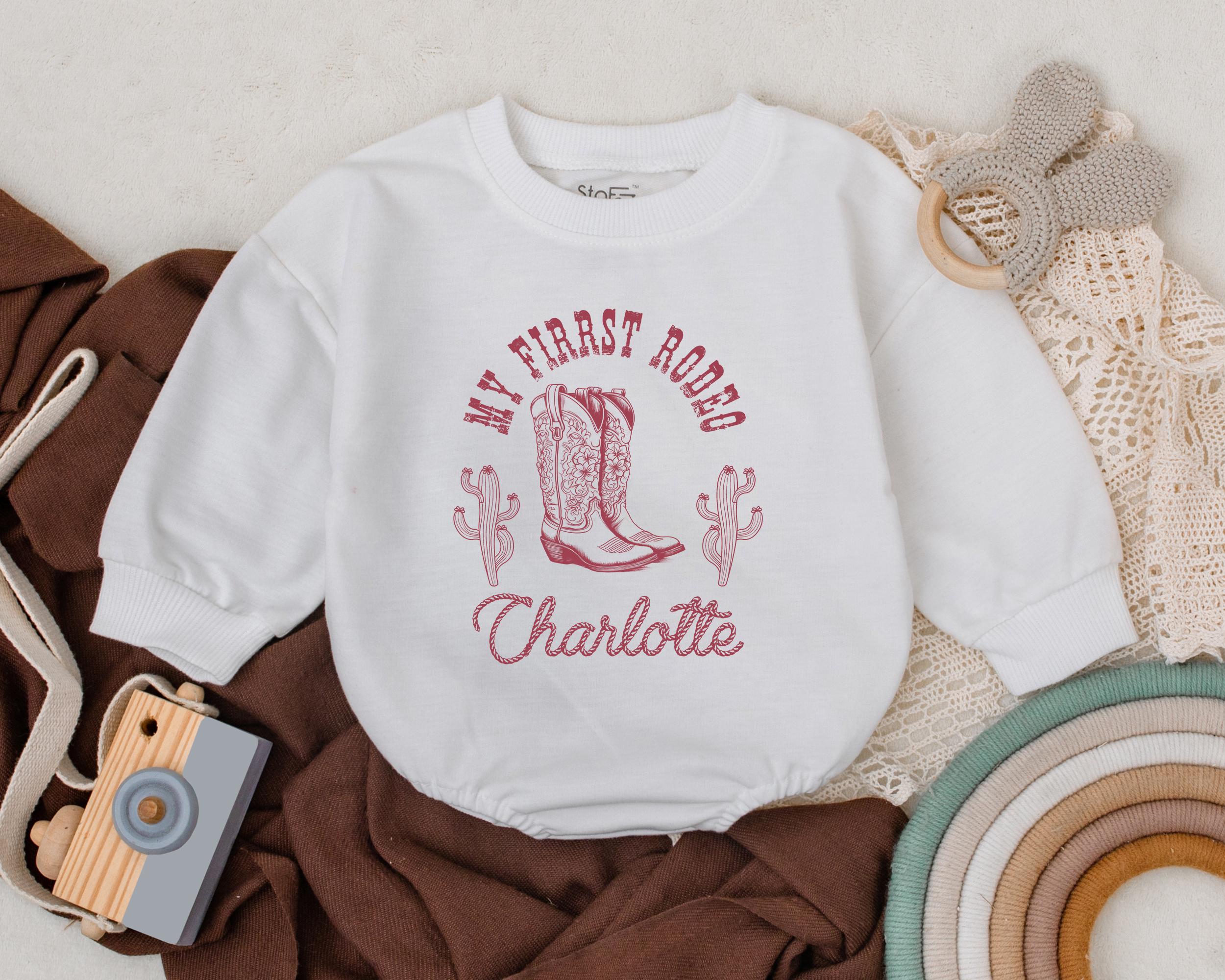 Personalized My First Rodeo Cowboy Boots Baby Bodysuit Custom Name Dusty Rose Western Theme Birthday Gift Comfortable Outfit