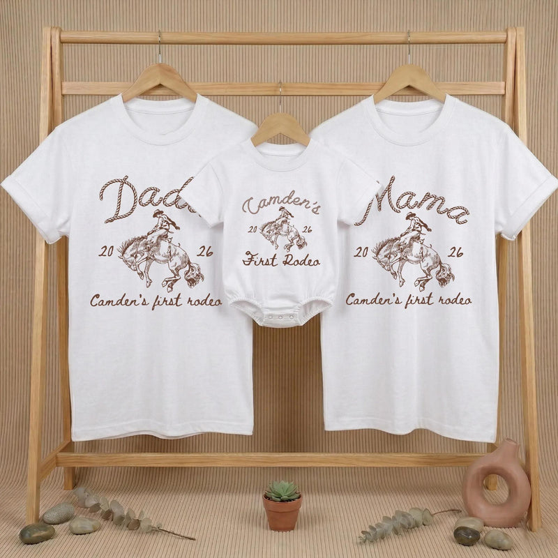 Personalized My First Rodeo Family Shirts with Cowboy Design, Custom 1st Birthday Outfits for Baby, Toddler, Mama, Dad, Cake Smash Gift