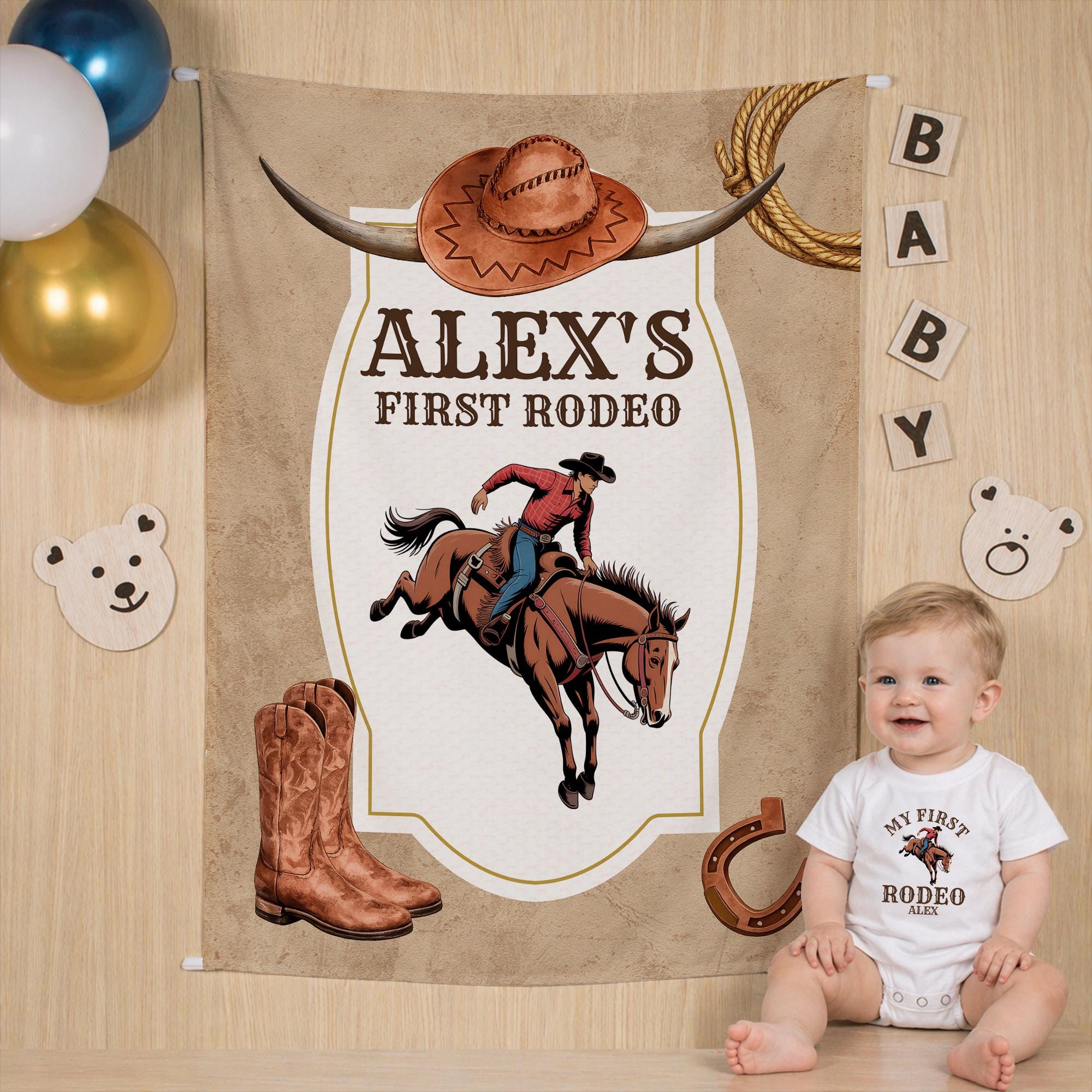Personalized My First Rodeo Outfit for Baby Boy with Cowboy Graphic and Silk Banner Western 1st Birthday Party Bubble Romper Custom Name