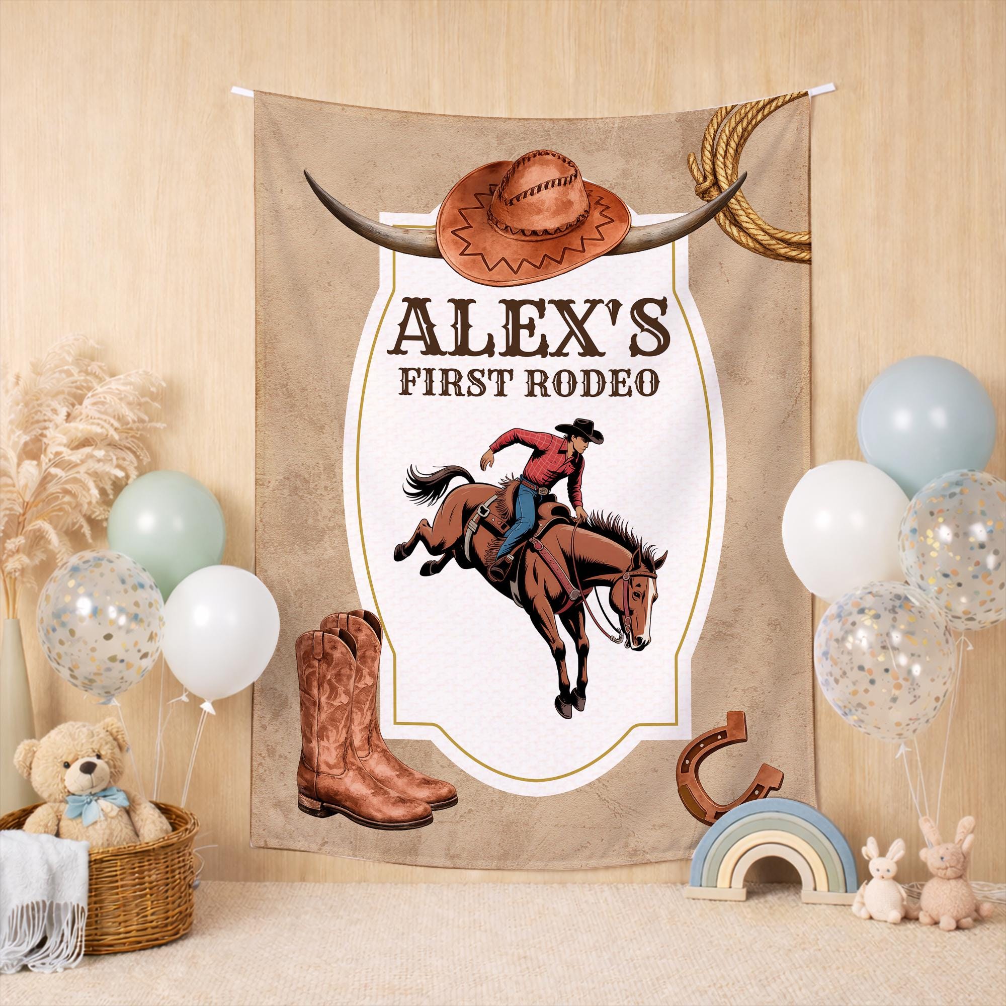 Personalized My First Rodeo Outfit for Baby Boy with Cowboy Graphic and Silk Banner Western 1st Birthday Party Bubble Romper Custom Name
