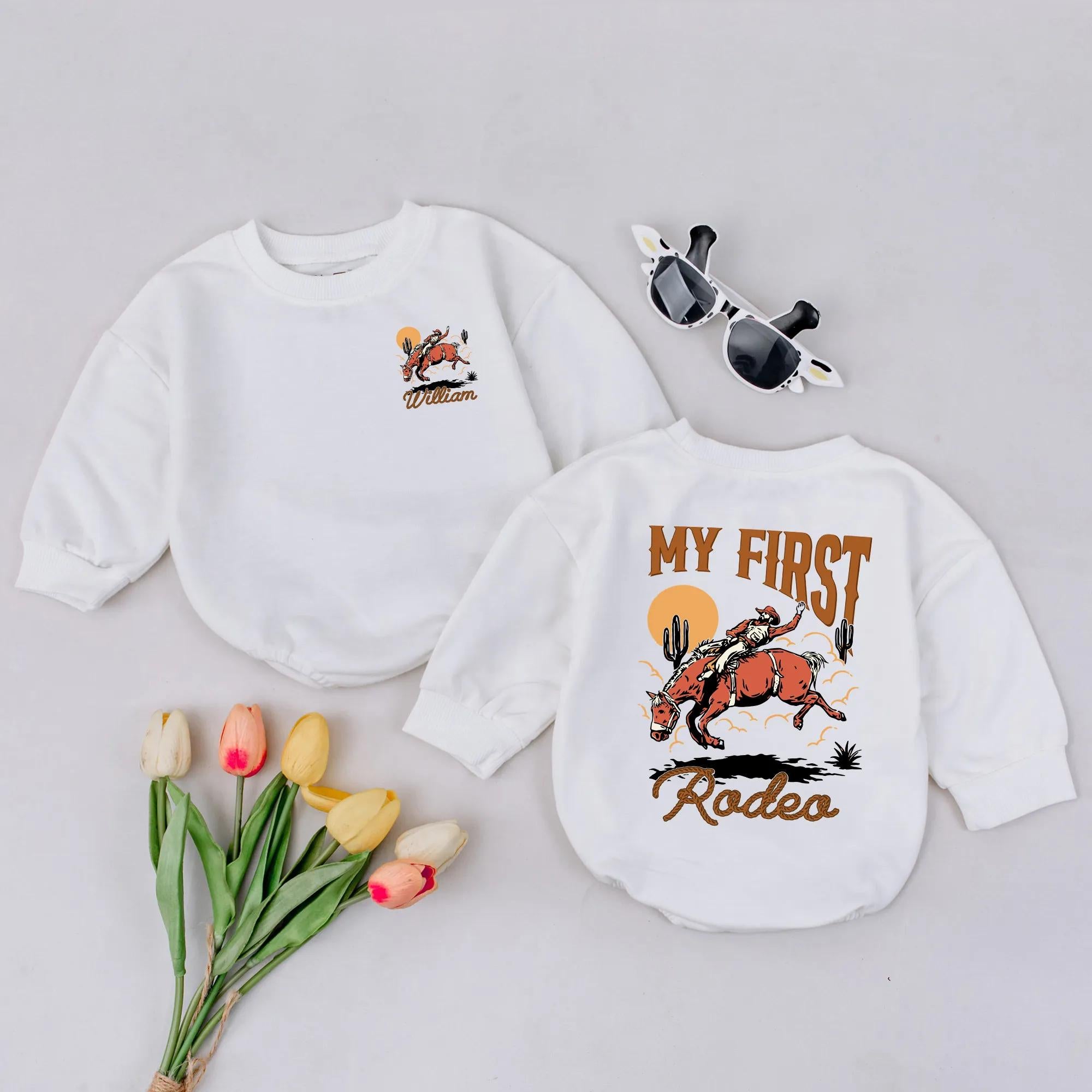 Personalized My First Rodeo Romper Cowboy Baby Outfit with Vintage Bucking Bronco Design Western Toddler Gift Soft Cotton Fun Apparel