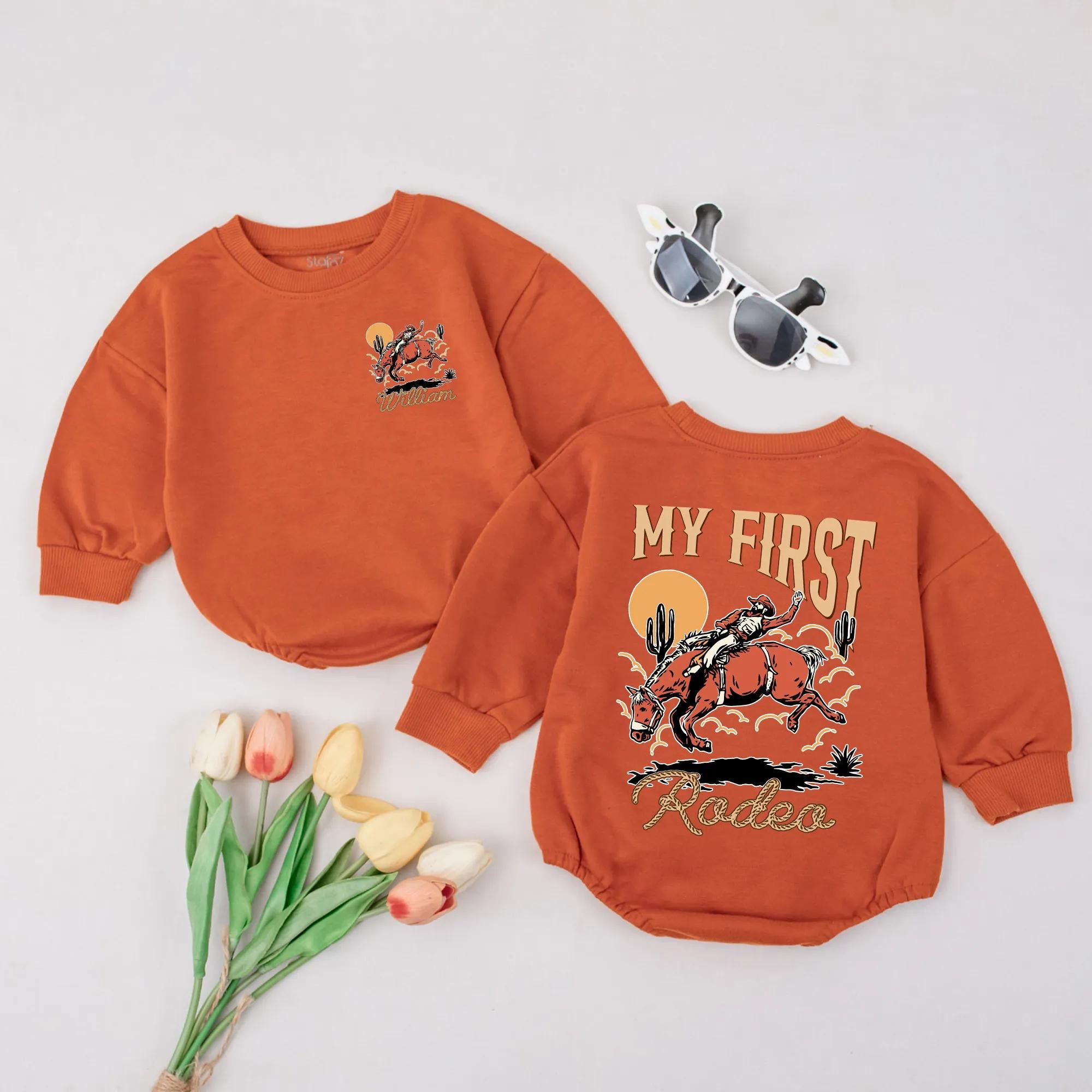 Personalized My First Rodeo Romper Cowboy Baby Outfit with Vintage Bucking Bronco Design Western Toddler Gift Soft Cotton Fun Apparel