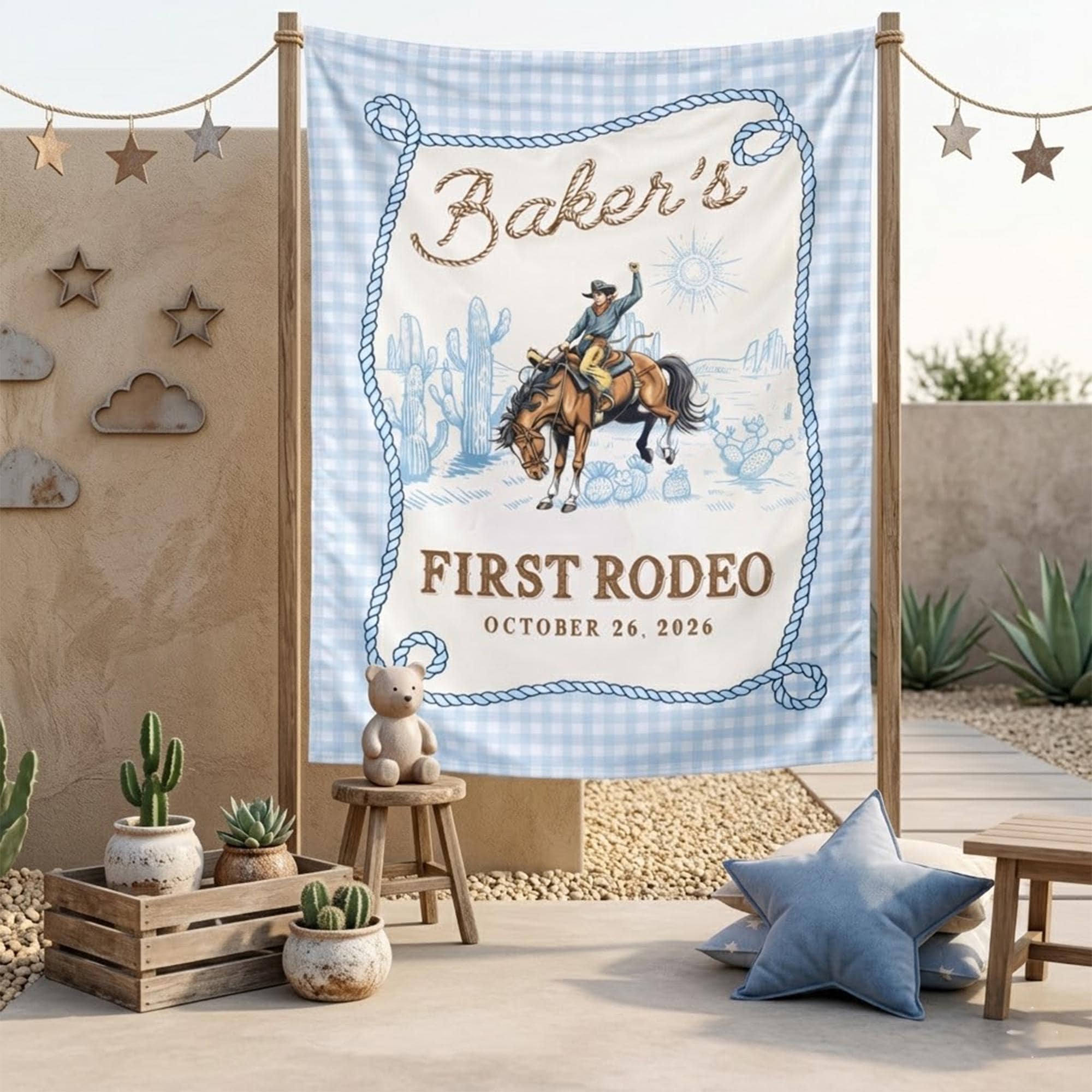 Personalized My First Rodeo Silk Banner for Baby’s 1st Birthday Party Western Cowboy Design Custom Name Date Rustic Blue Gingham Backdrop