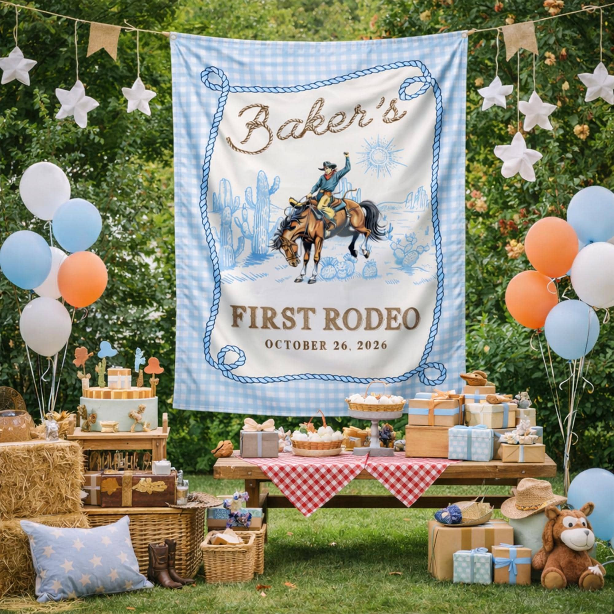 Personalized My First Rodeo Silk Banner for Baby’s 1st Birthday Party Western Cowboy Design Custom Name Date Rustic Blue Gingham Backdrop