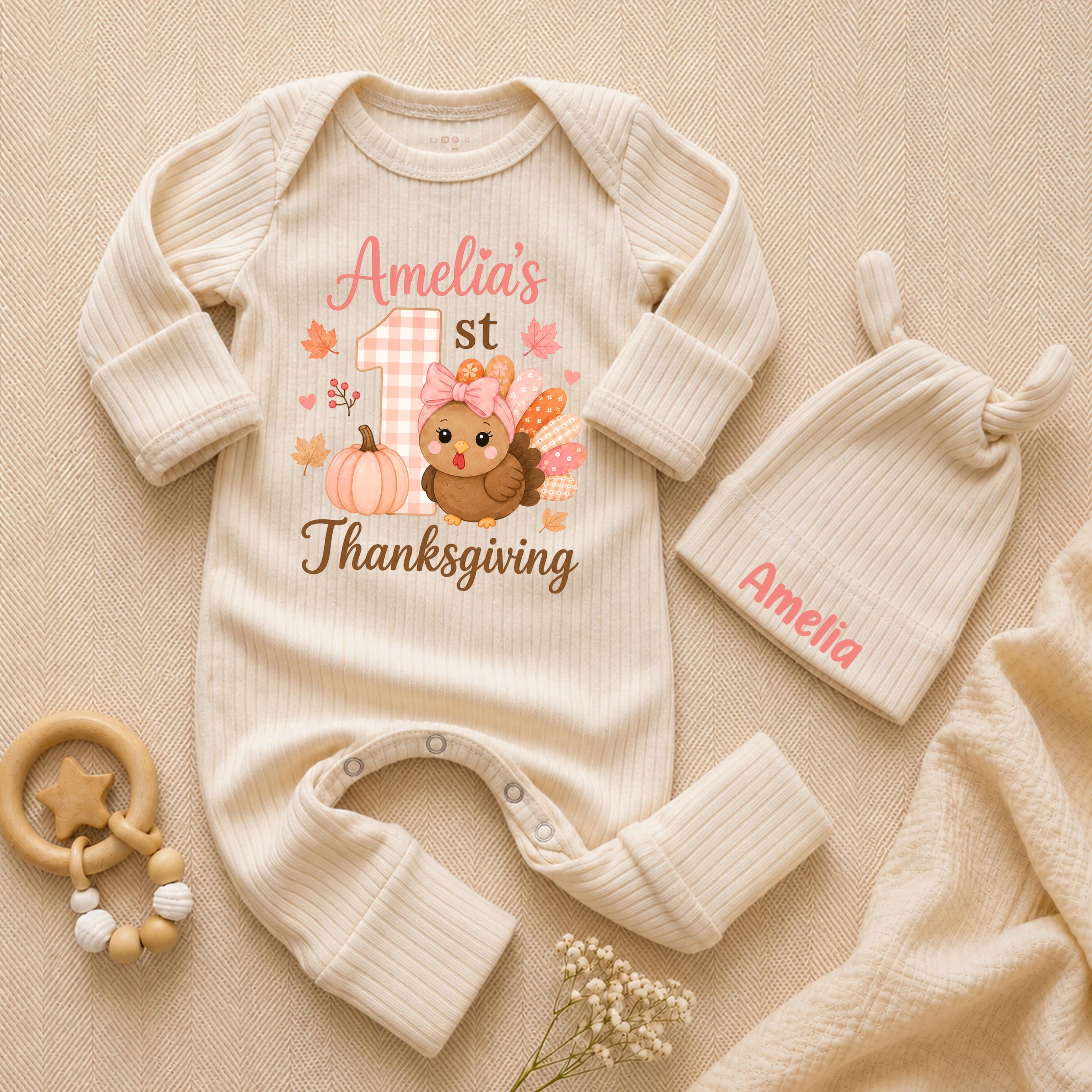 Personalized My First Thanksgiving Baby Bodysuit & Hat Set, Coquette Turkey Design for Newborn Girl, Soft Cotton Outfit, Holiday Gift
