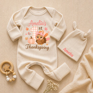 Personalized My First Thanksgiving Baby Bodysuit & Hat Set, Coquette Turkey Design for Newborn Girl, Soft Cotton Outfit, Holiday Gift