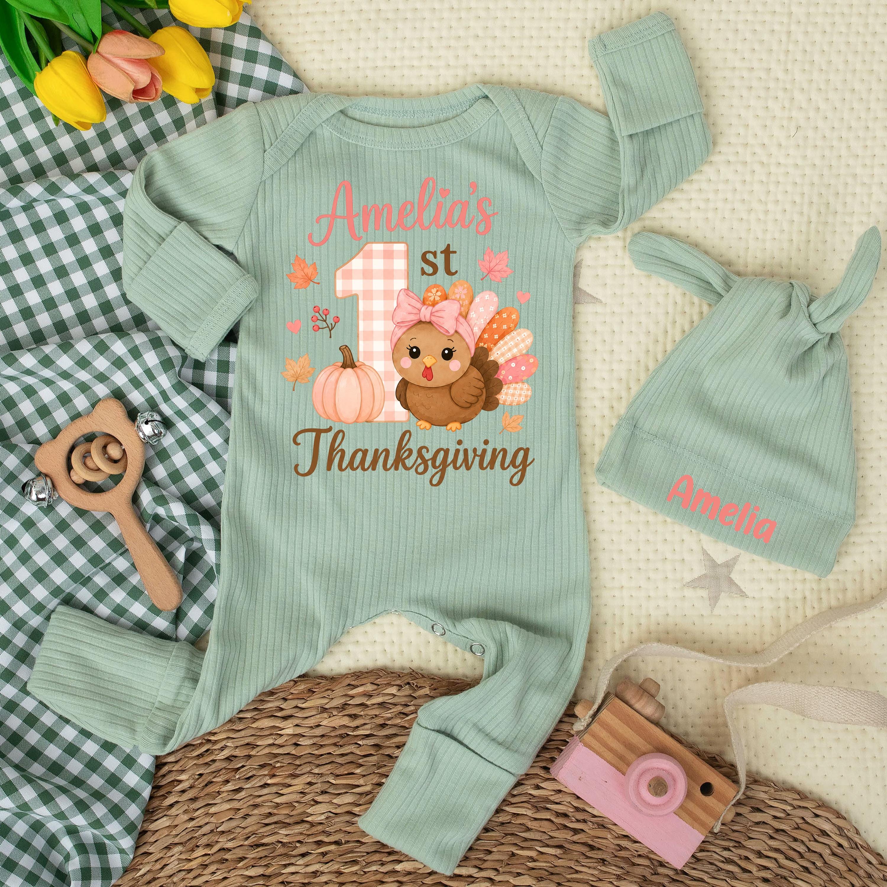 Personalized My First Thanksgiving Baby Bodysuit & Hat Set, Coquette Turkey Design for Newborn Girl, Soft Cotton Outfit, Holiday Gift