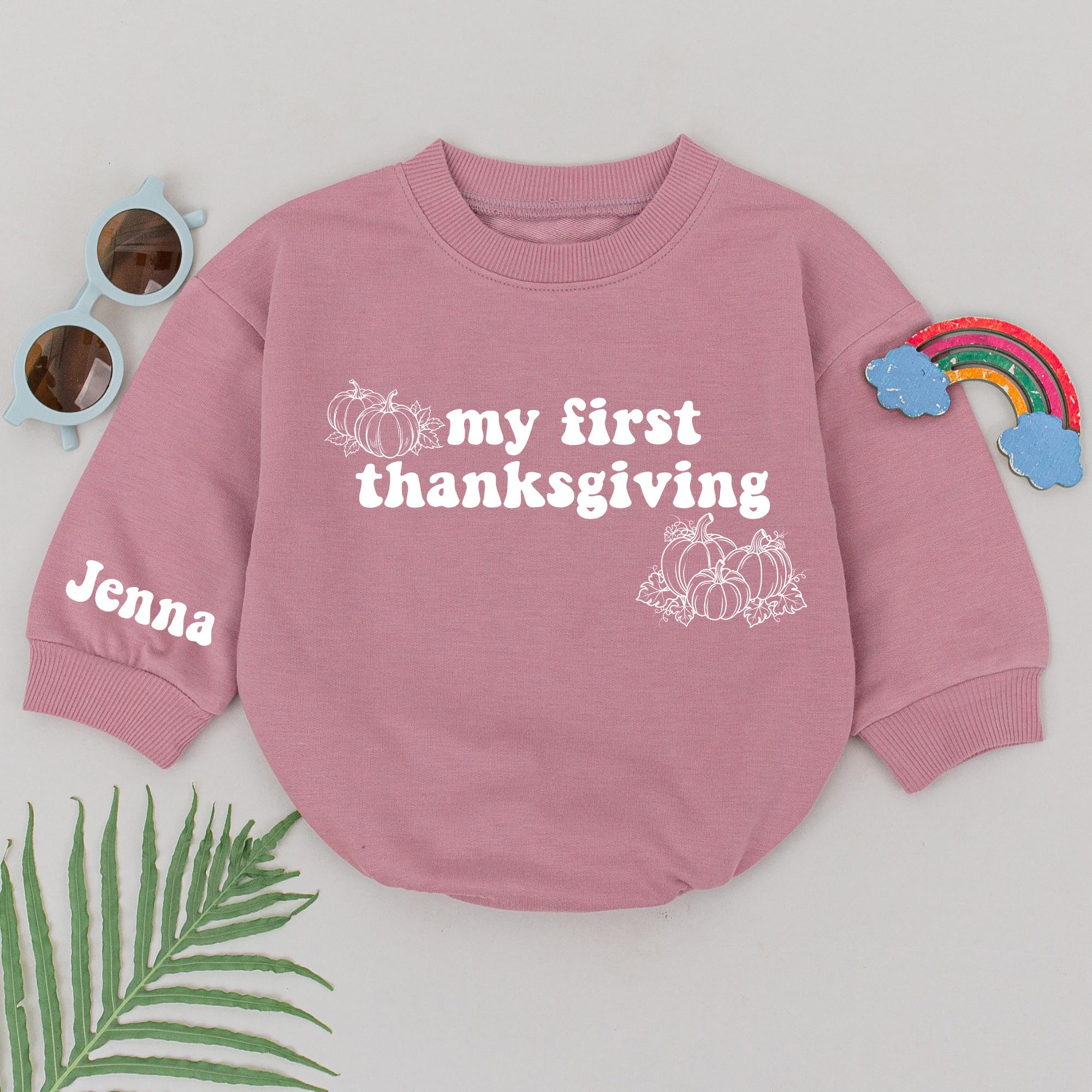 Personalized My First Thanksgiving Baby Romper with Pumpkins Cozy Autumn Outfit Custom Name Jenna Soft Cotton Fall Shower Gift