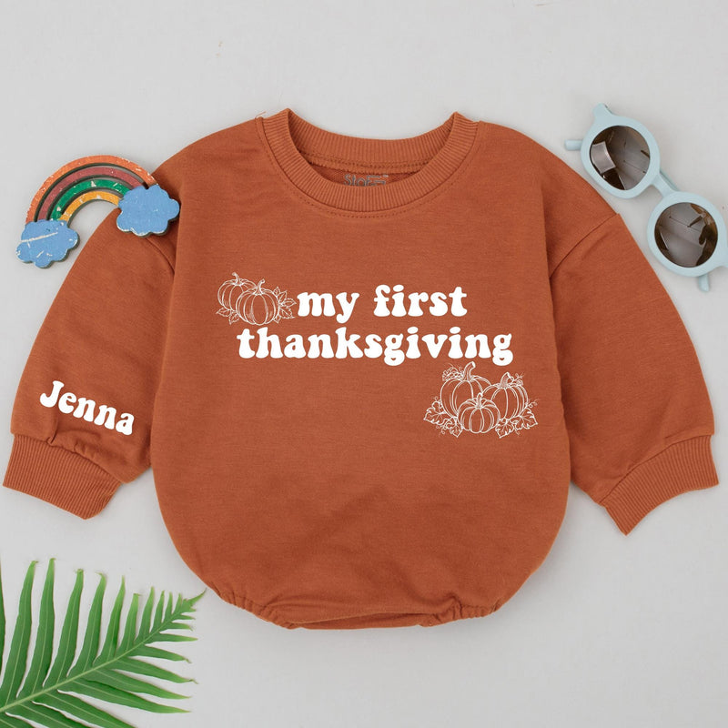 Personalized My First Thanksgiving Baby Romper with Pumpkins Cozy Autumn Outfit Custom Name Jenna Soft Cotton Fall Shower Gift