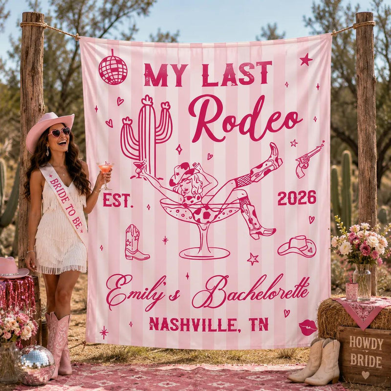 Personalized My Last Rodeo Bachelorette Banner with Pink Cowgirl Design Custom Party Backdrop for Nashville Bride Tribe Decorations