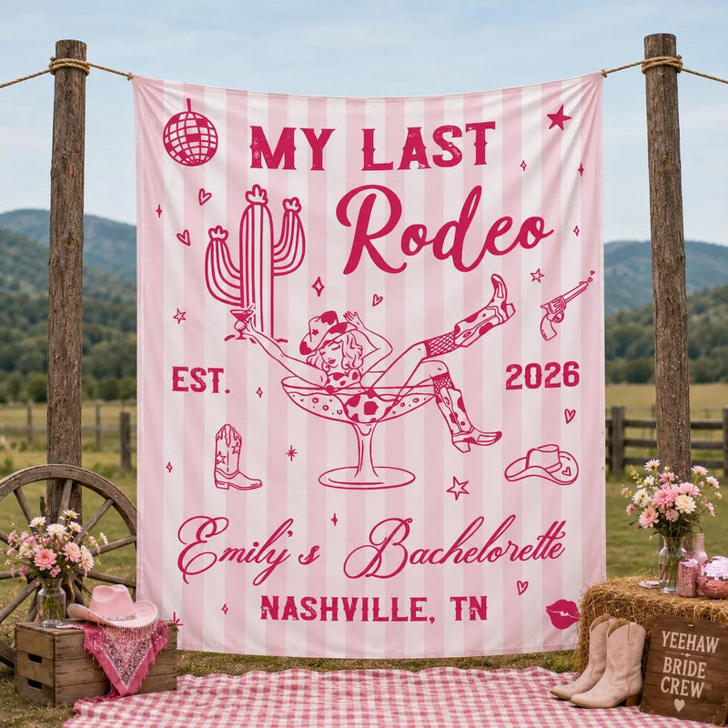 Personalized My Last Rodeo Bachelorette Banner with Pink Cowgirl Design Custom Party Backdrop for Nashville Bride Tribe Decorations