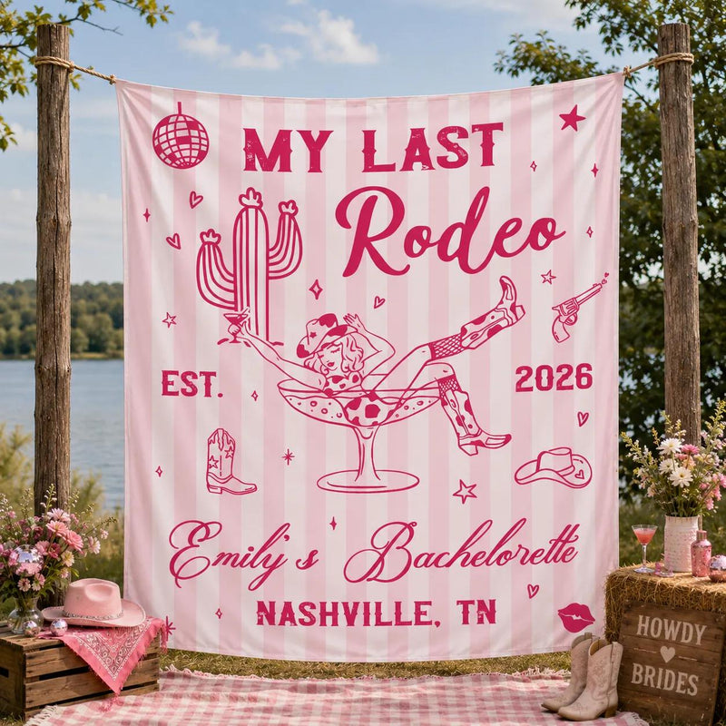 Personalized My Last Rodeo Bachelorette Banner with Pink Cowgirl Design Custom Party Backdrop for Nashville Bride Tribe Decorations