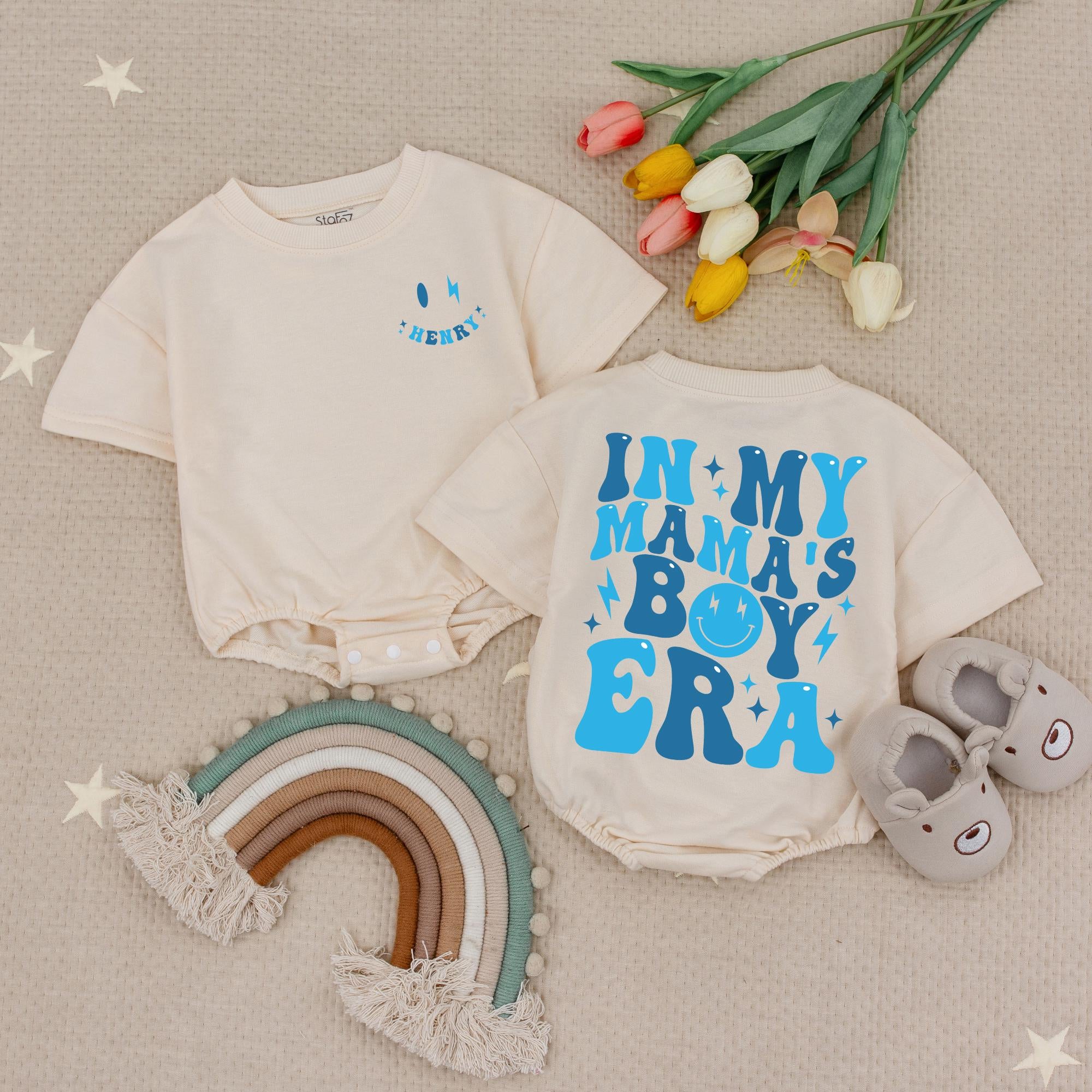 Personalized In My Mama's Boy Era Baby Romper with Retro Smiley Face Custom Name Blue Birthday Bodysuit for Boys Soft Cotton Outfit