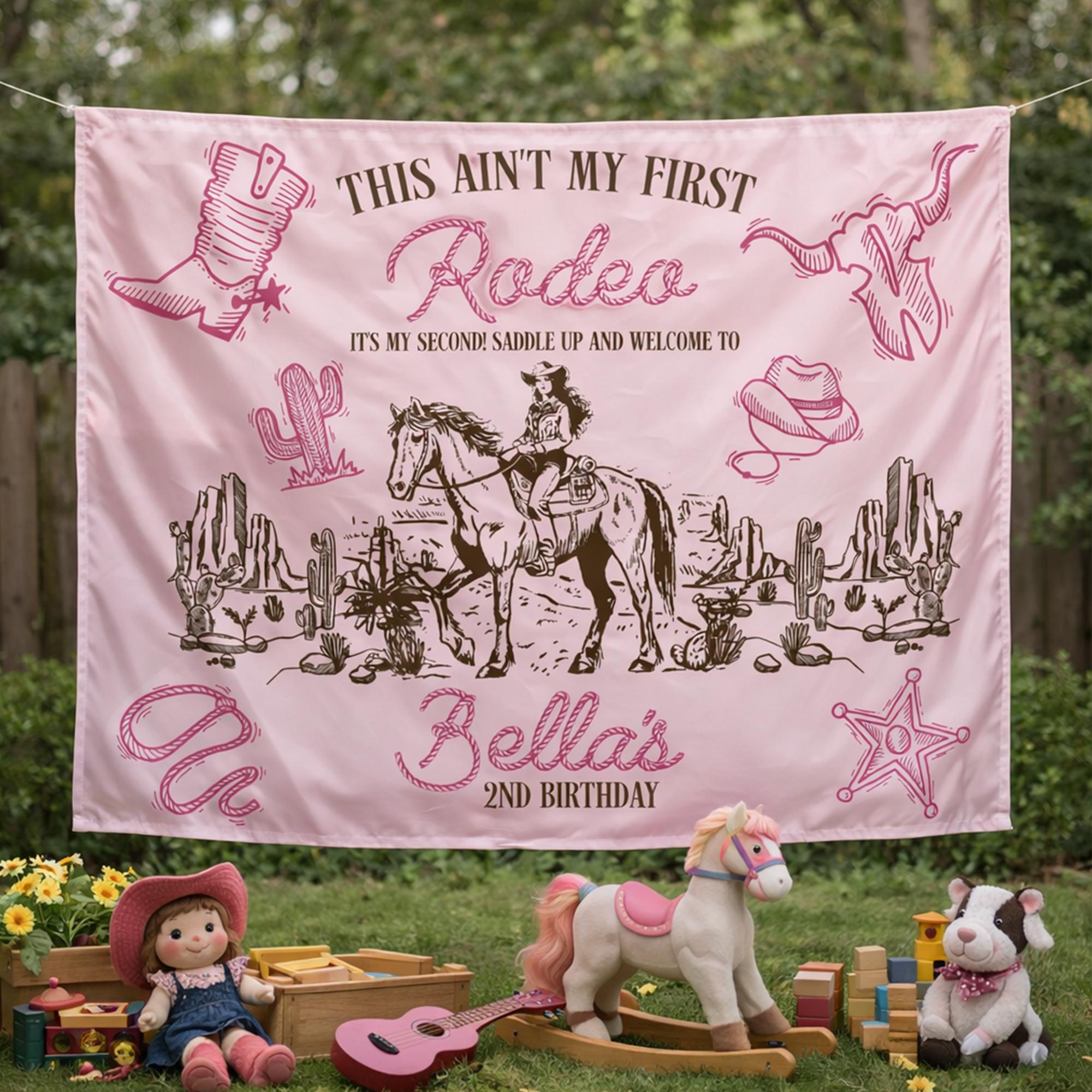 Personalized My Second Rodeo Birthday Shirt and Banner Pink Cowgirl Party Outfit for Toddler Girl Celebration Custom Name Sweet Design