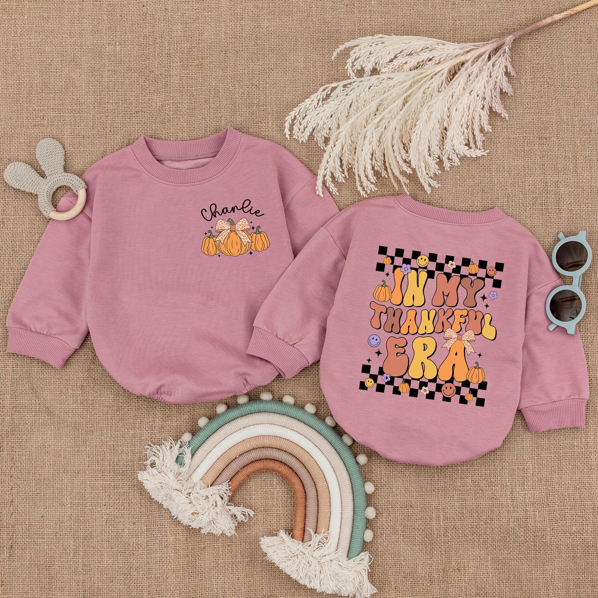 Personalized In My Thankful Era Baby Romper First Thanksgiving Outfit with Pumpkins Autumn Leaves Checkered Pattern Infant Fall Clothes