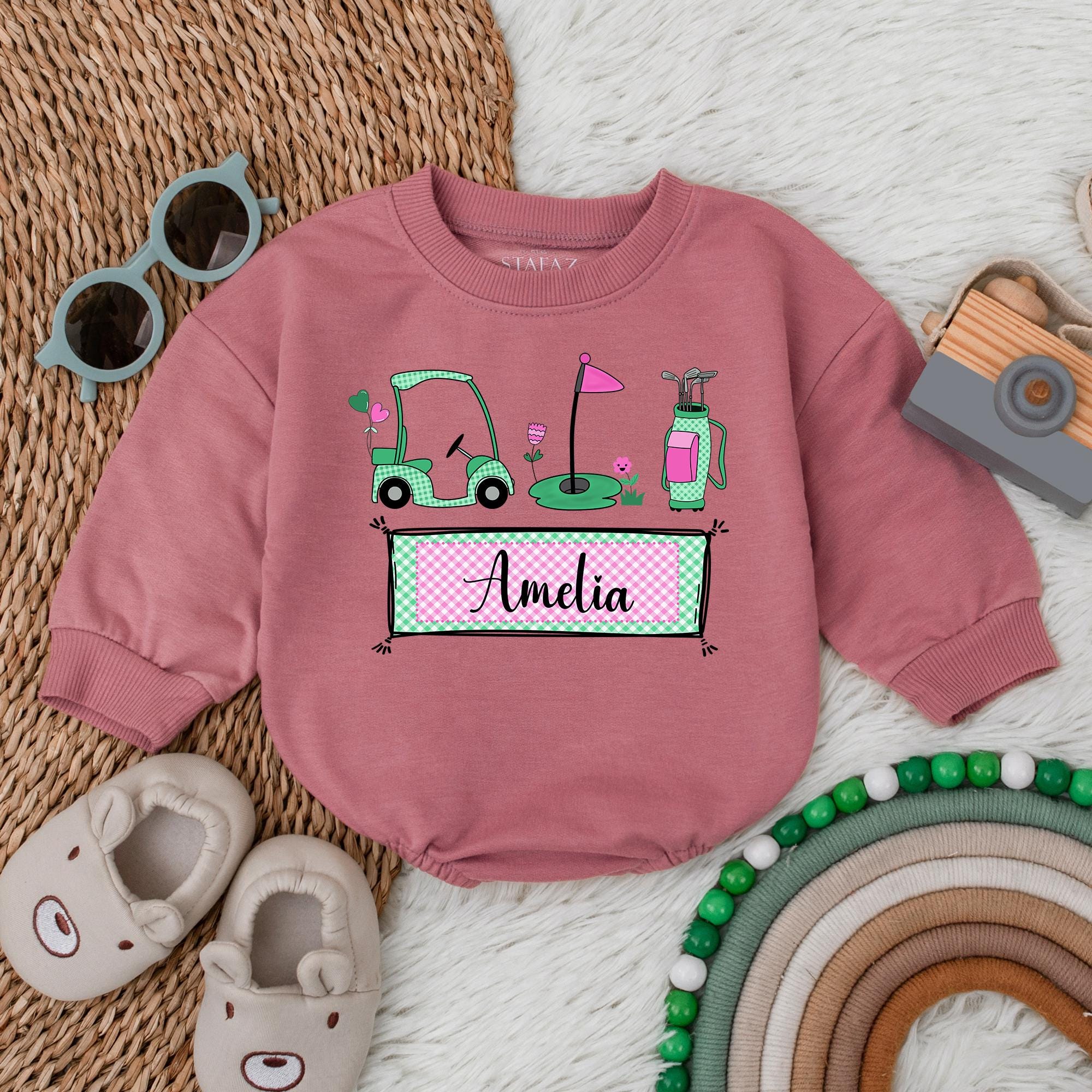 Personalized Name Girl Golf Romper with Custom Amelia Caddy Design Baby Outfit Cotton Comfort Playful Gift for Daddy's Golfing Buddy