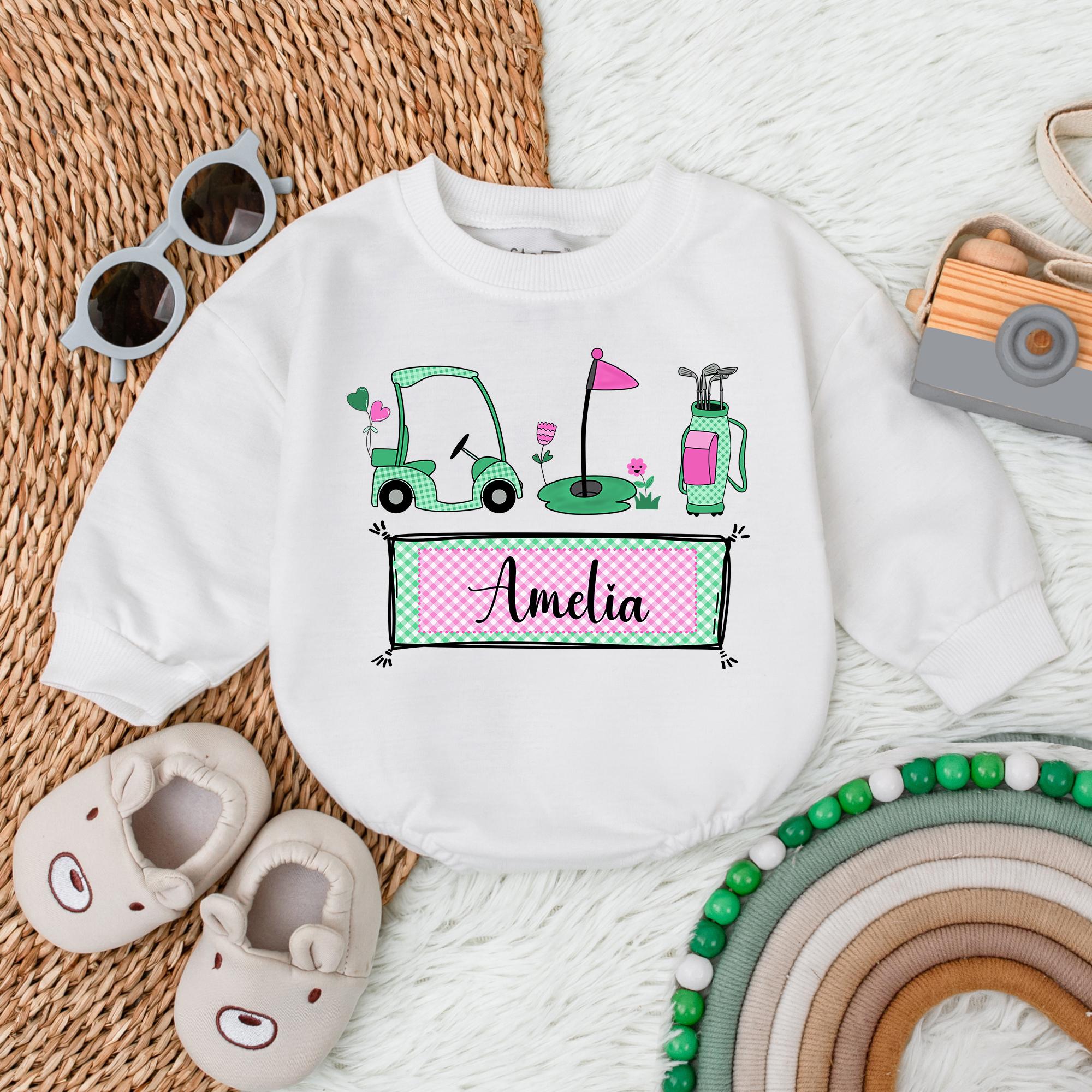 Personalized Name Girl Golf Romper with Custom Amelia Caddy Design Baby Outfit Cotton Comfort Playful Gift for Daddy's Golfing Buddy
