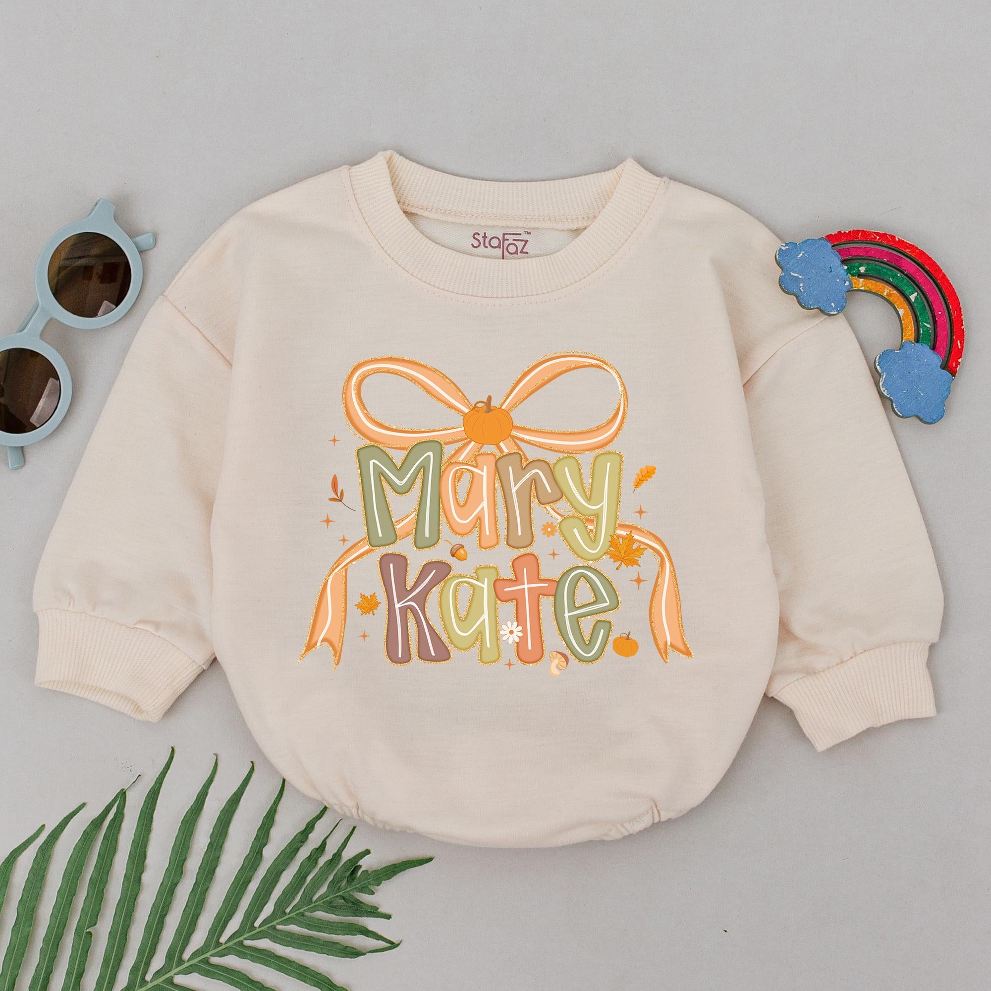 Personalized Name Thanksgiving Baby Romper Bow Pumpkin Outfit Fall Autumn Baby Bodysuit Cotton Soft Comfortable Infant Girl Holiday Gift