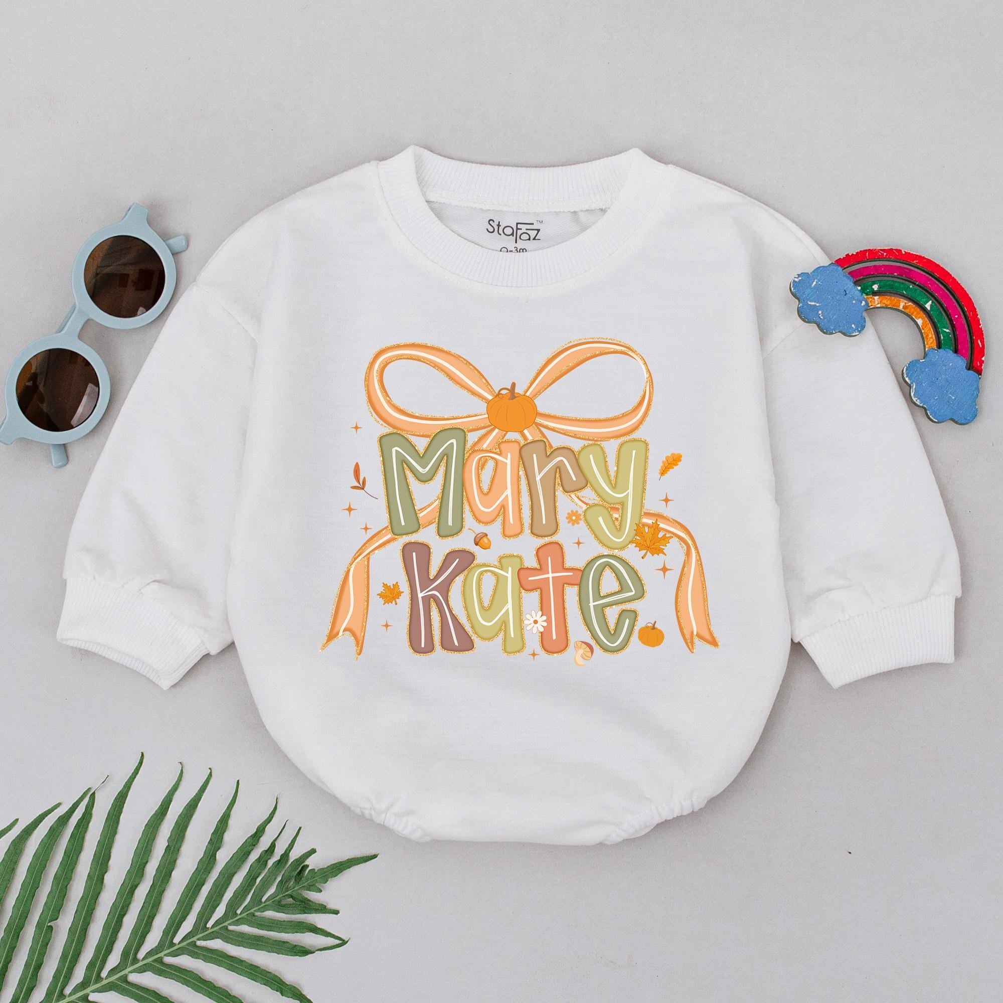 Personalized Name Thanksgiving Baby Romper Bow Pumpkin Outfit Fall Autumn Baby Bodysuit Cotton Soft Comfortable Infant Girl Holiday Gift