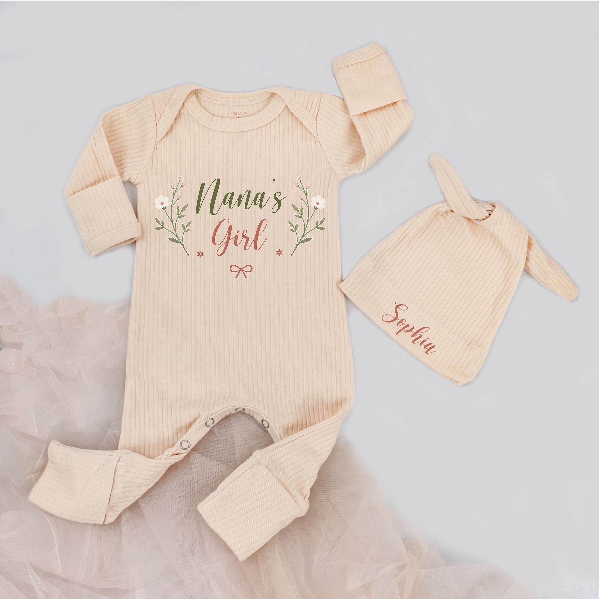 Personalized Nana's Girl Floral Baby Bodysuit & Hat Set with Custom Name Hat, Soft Cotton Granddaughter Outfit, Perfect for Baby Showers