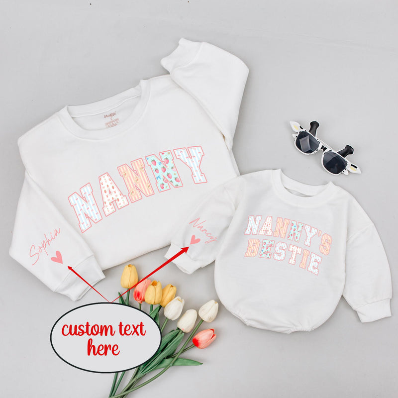 Personalized Nanny and Baby Matching Sweatshirt & Romper Set with Floral Lettering, Soft Cotton, Perfect for Gifting & Special Occasions