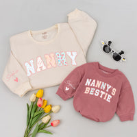 Personalized Nanny and Baby Matching Sweatshirt & Romper Set with Floral Lettering, Soft Cotton, Perfect for Gifting & Special Occasions