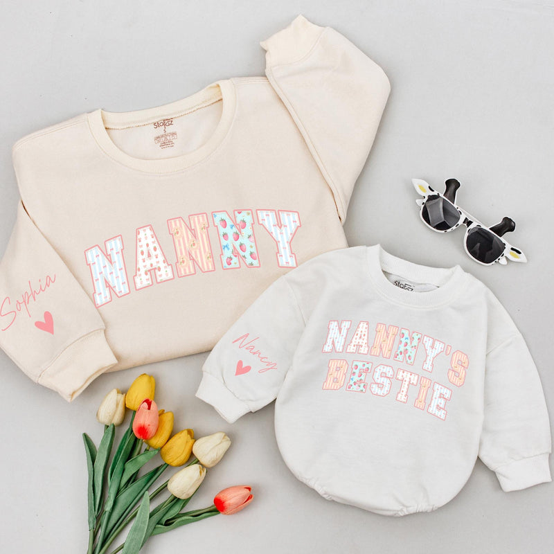 Personalized Nanny and Baby Matching Sweatshirt & Romper Set with Floral Lettering, Soft Cotton, Perfect for Gifting & Special Occasions