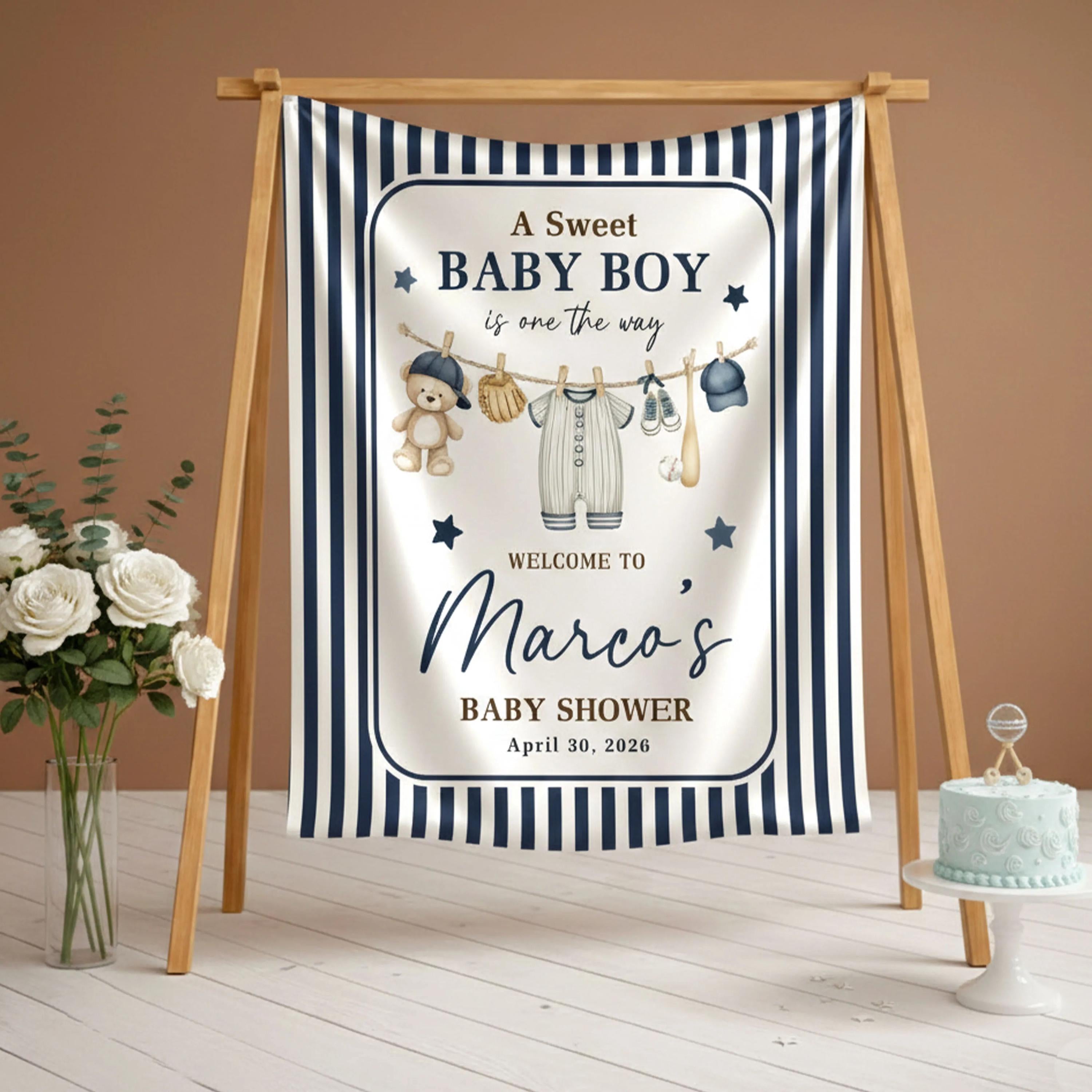Personalized Navy Baseball Baby Shower Welcome Sign with Teddy Bear Clothesline Art, Custom Party Decor for Boys, April 30, 2026