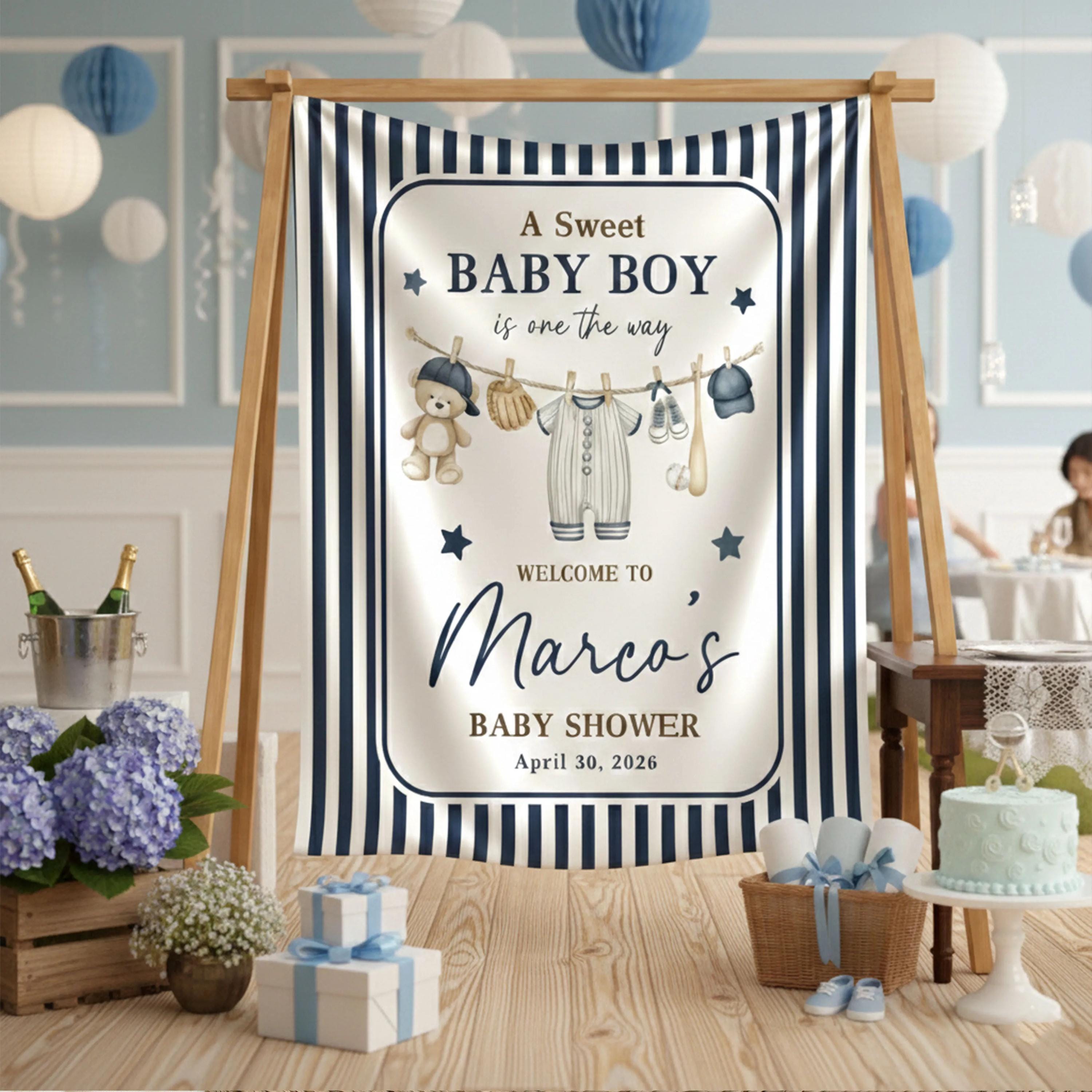 Personalized Navy Baseball Baby Shower Welcome Sign with Teddy Bear Clothesline Art, Custom Party Decor for Boys, April 30, 2026