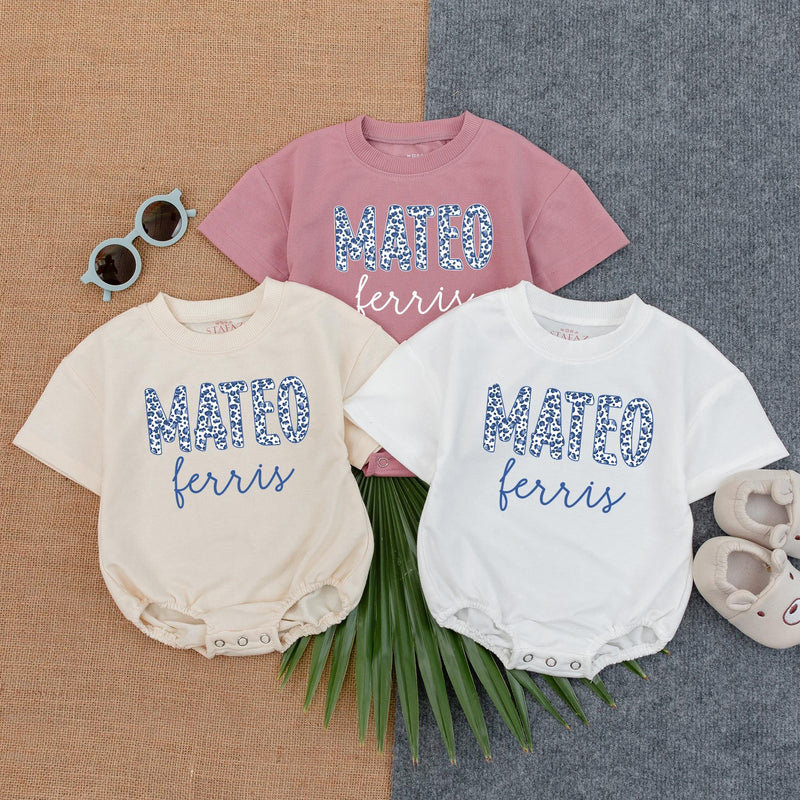 Personalized Navy Leopard Print Romper Mateo Ferris Baby Boy Outfit Soft Cotton Wild Animal Gift Custom Name Safari Style