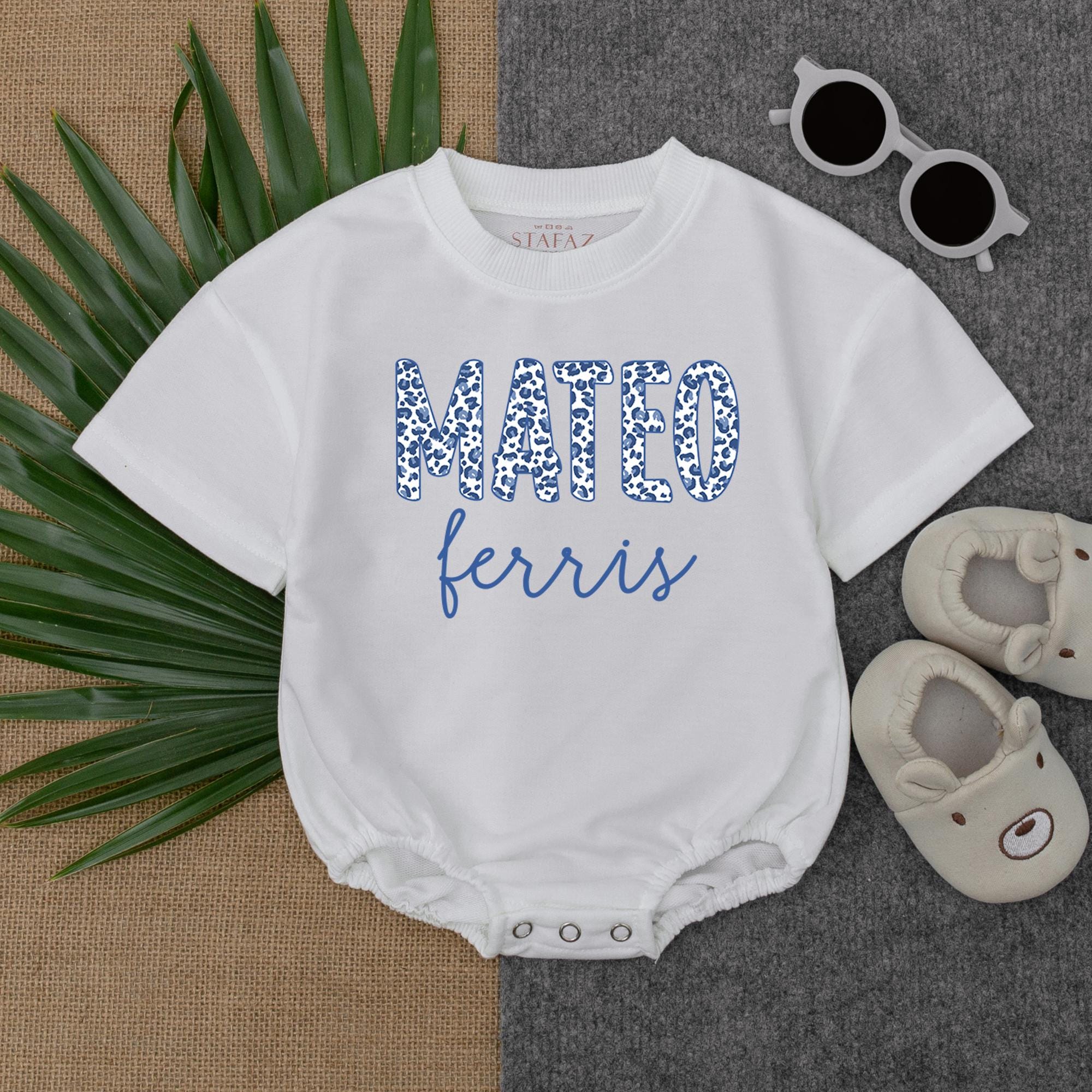 Personalized Navy Leopard Print Romper Mateo Ferris Baby Boy Outfit Soft Cotton Wild Animal Gift Custom Name Safari Style