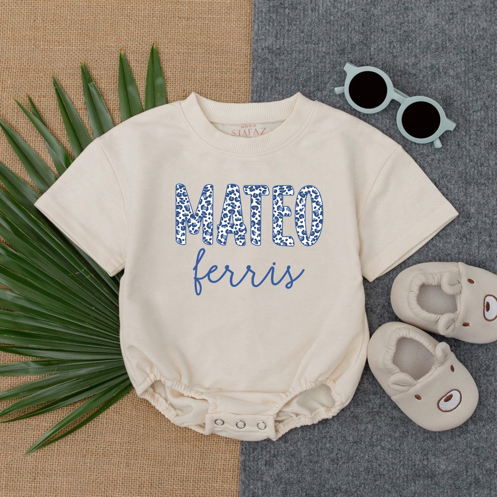 Personalized Navy Leopard Print Romper Mateo Ferris Baby Boy Outfit Soft Cotton Wild Animal Gift Custom Name Safari Style
