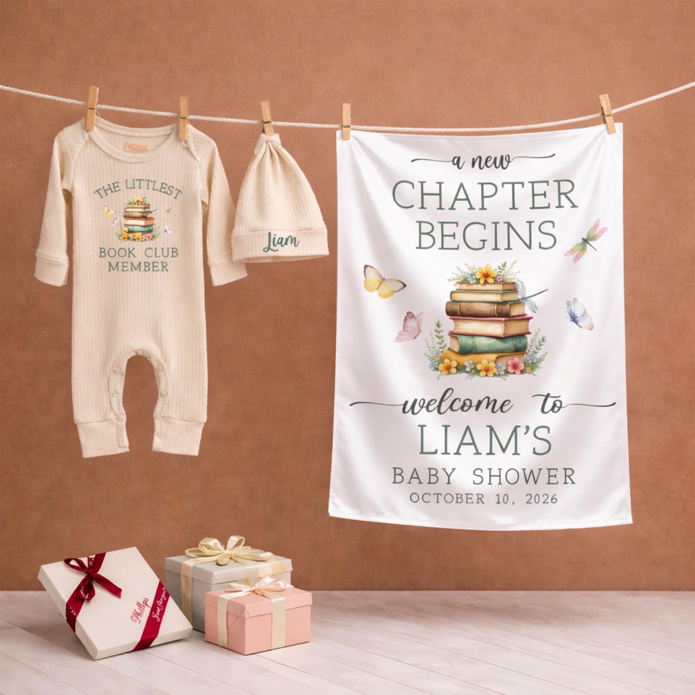 Personalized A New Chapter Begins Baby Shower Silk Sign with Storybook Theme, Vintage Books Design, Custom Name and Date Decor