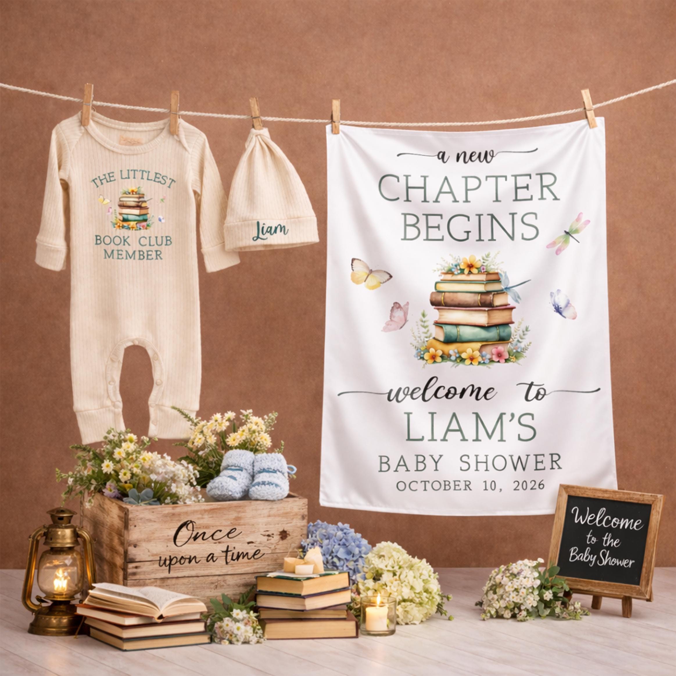 Personalized A New Chapter Begins Baby Shower Silk Sign with Storybook Theme, Vintage Books Design, Custom Name and Date Decor