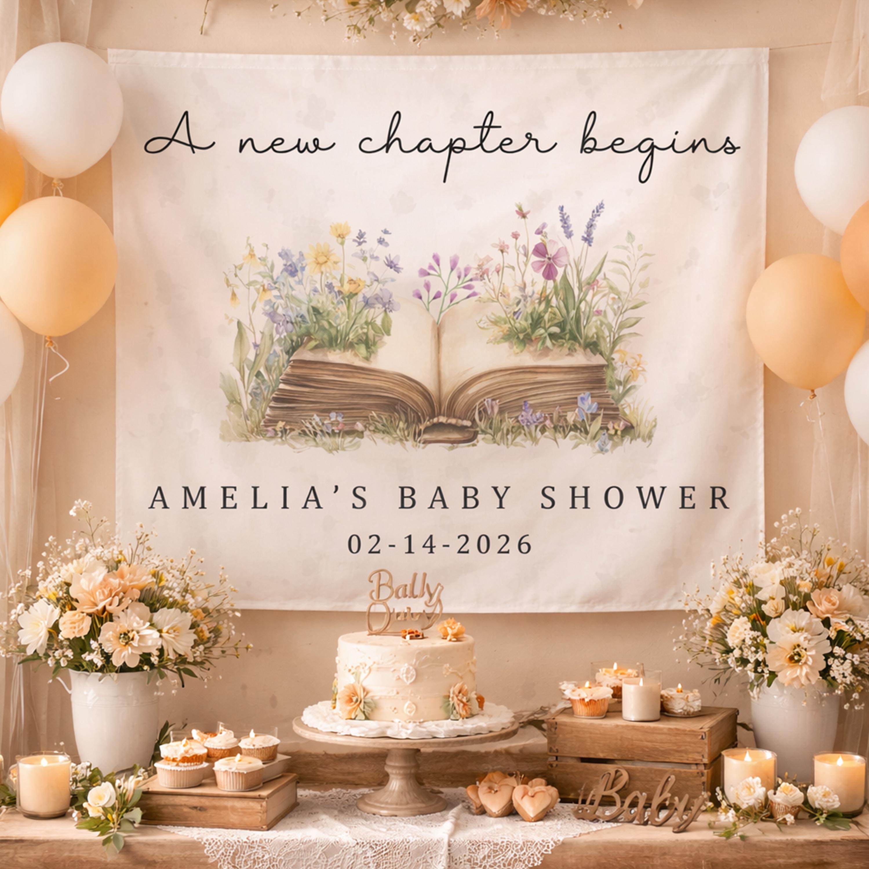 Personalized A New Chapter Begins Silk Banner Baby Shower Backdrop with Wildflower Floral Book Theme Party Decor Custom Name Gift