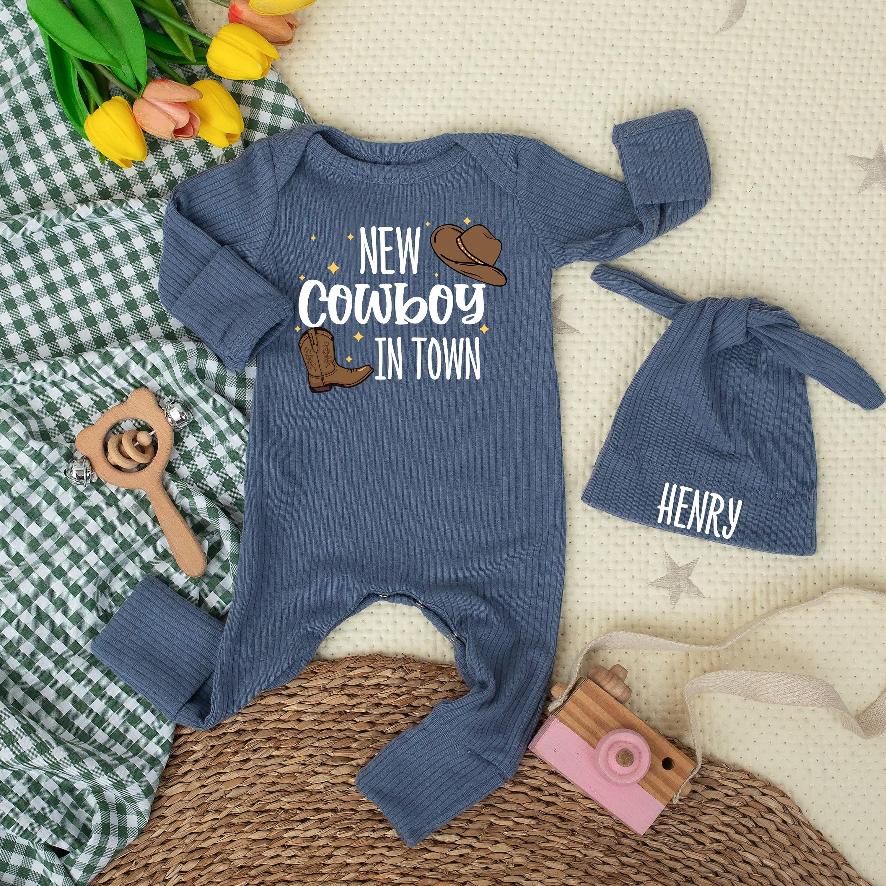 Personalized New Cowboy in Town Baby Bodysuit with Hat and Boot Design Cute Western Infant Outfit Rustic Country Baby Shower Gift