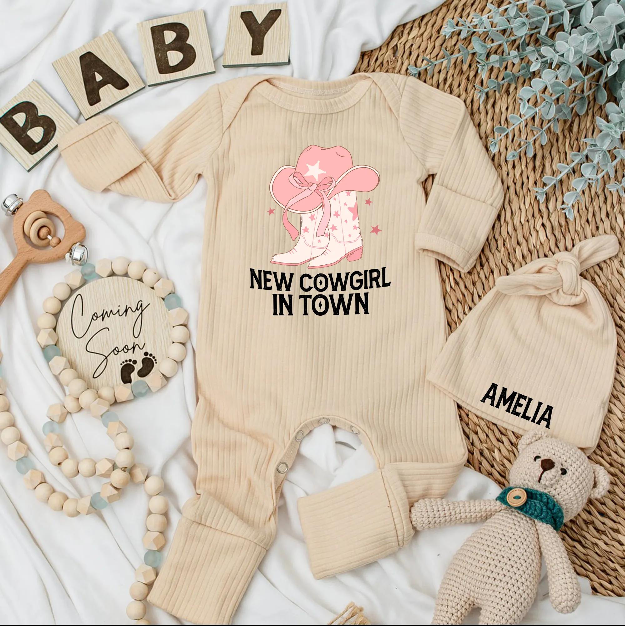 Personalized New Cowgirl in Town Baby Bodysuit Pink Hat and Boots Western Girl Outfit Perfect Gift for Cute Rodeo Newborn