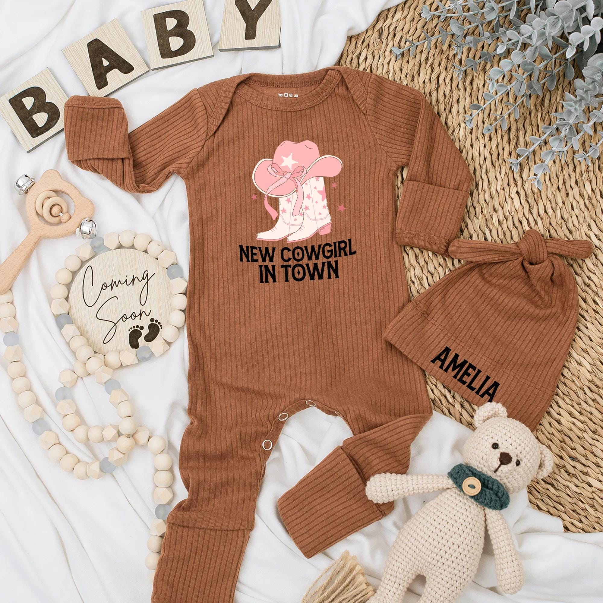 Personalized New Cowgirl in Town Baby Bodysuit Pink Hat and Boots Western Girl Outfit Perfect Gift for Cute Rodeo Newborn