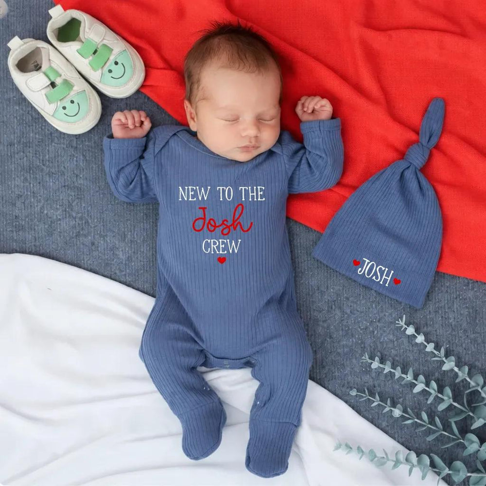 Personalized New to the Crew Baby Bodysuit and Hat Set with Name Josh Minimalist Red and White Design Infant Shower Gift Newborn Outfit