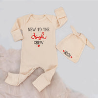 Personalized New to the Crew Baby Bodysuit and Hat Set with Name Josh Minimalist Red and White Design Infant Shower Gift Newborn Outfit