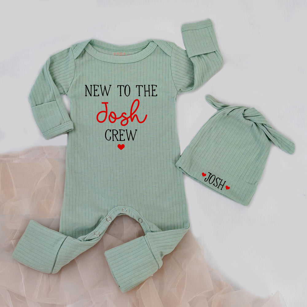 Personalized New to the Crew Baby Bodysuit and Hat Set with Name Josh Minimalist Red and White Design Infant Shower Gift Newborn Outfit