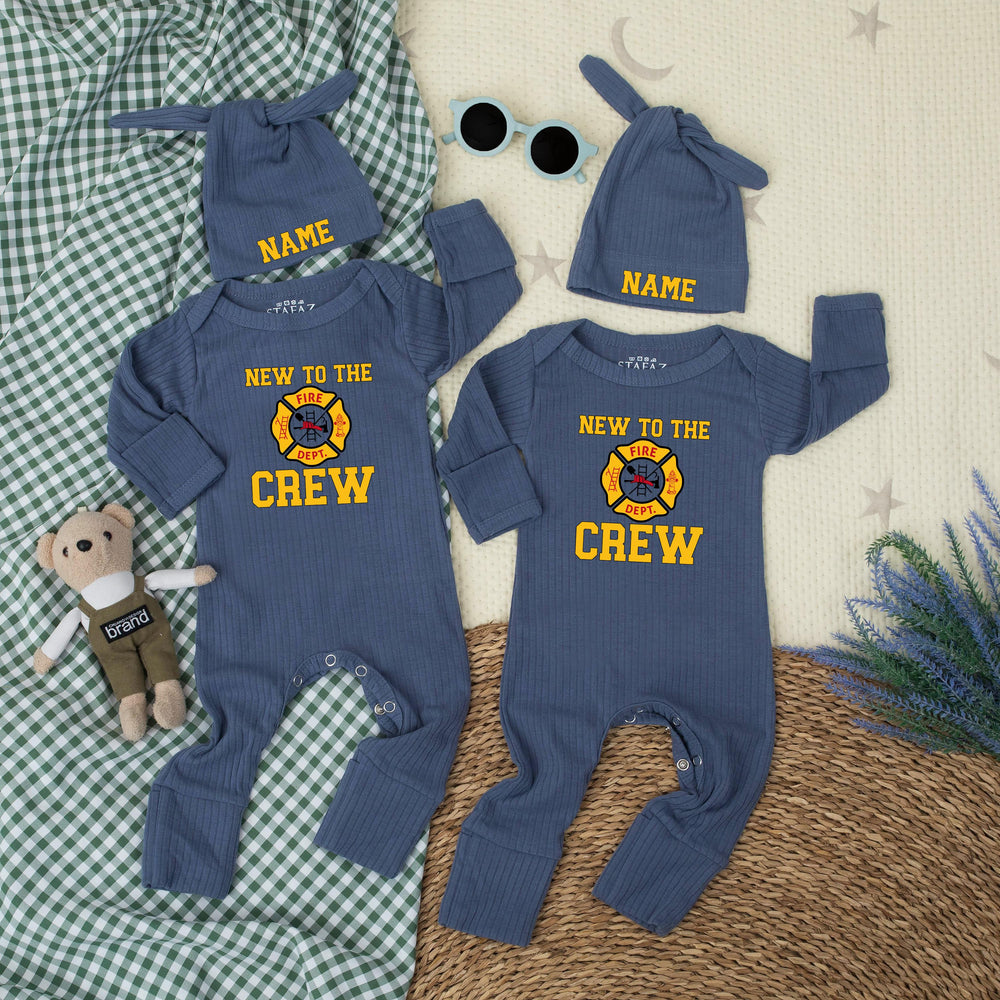Personalized New to the Crew Firefighter Baby Outfit with Maltese Cross Emblem, Custom Name Hat, Cute Newborn Clothes Firefighter Dad Gift