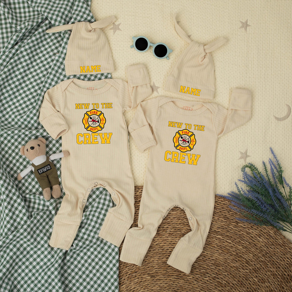 Personalized New to the Crew Firefighter Baby Outfit with Maltese Cross Emblem, Custom Name Hat, Cute Newborn Clothes Firefighter Dad Gift