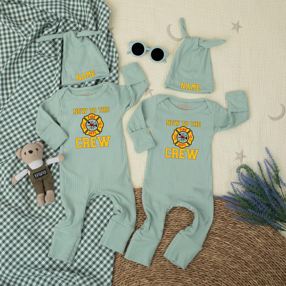 Personalized New to the Crew Firefighter Baby Outfit with Maltese Cross Emblem, Custom Name Hat, Cute Newborn Clothes Firefighter Dad Gift