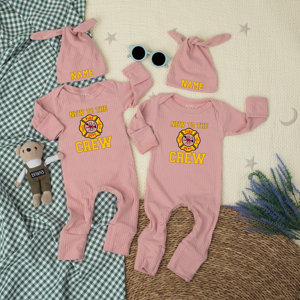 Personalized New to the Crew Firefighter Baby Outfit with Maltese Cross Emblem, Custom Name Hat, Cute Newborn Clothes Firefighter Dad Gift