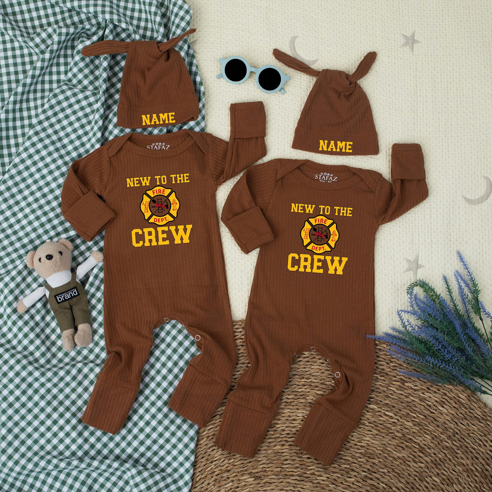 Personalized New to the Crew Firefighter Baby Outfit with Maltese Cross Emblem, Custom Name Hat, Cute Newborn Clothes Firefighter Dad Gift