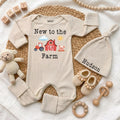 Personalized New to the Farm Baby Bodysuit and Hat Set, Soft Cotton Tractor and Barn Design, Baby Shower Gift, Newborn Coming Home Outfit