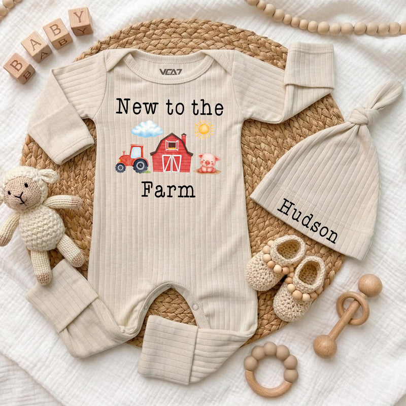 Personalized New to the Farm Baby Bodysuit and Hat Set, Soft Cotton Tractor and Barn Design, Baby Shower Gift, Newborn Coming Home Outfit